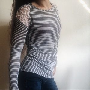 Gray and White Striped Long Sleeve Tee